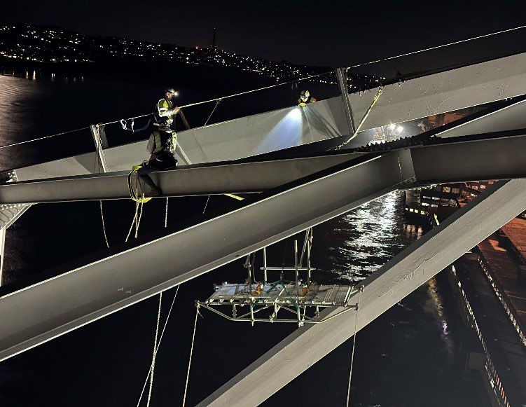 Caltrans performing essential T1 Steel Weld Inspection Project weld inspections and repairs on the Carquinez Bridge (I-80) and Benicia-Martinez Bridge (I-680).