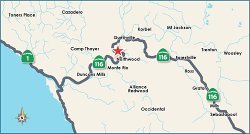 Map of State Route 116 in Sonoma County with a star indicating the position of the retaining wall project near Monte Rio.
