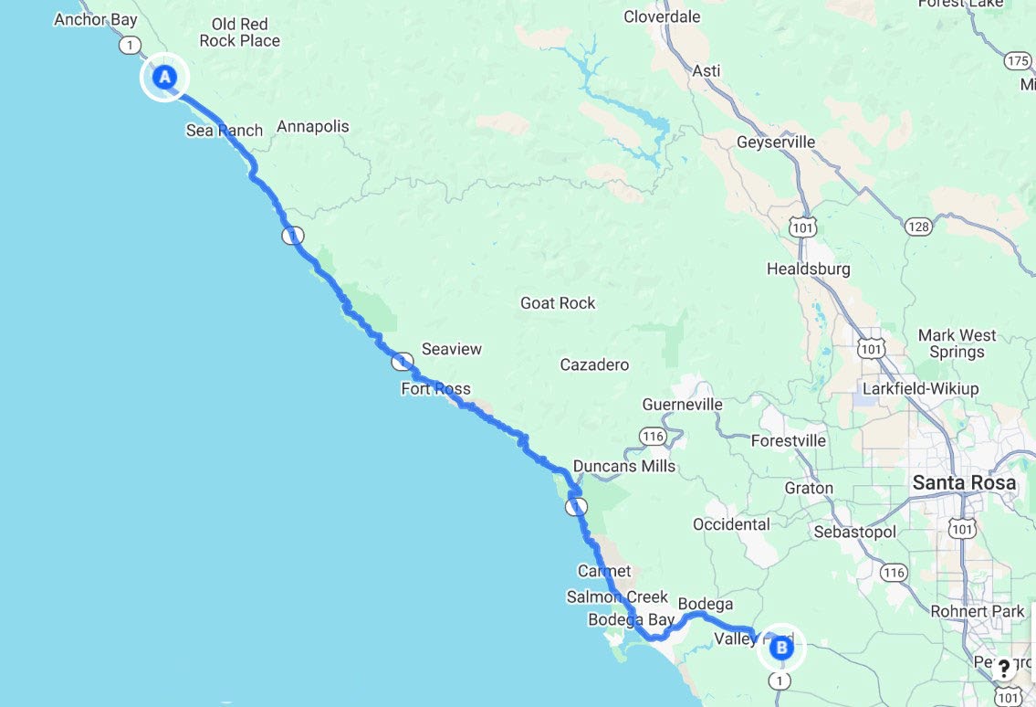 Map location of where Caltrans Begins Project to Install Rumble Strips and Bicycle Pullouts on State Route 1 in Sonoma County.