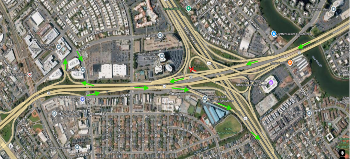 Map showing the route during overnight detour from westbound SR-92 to southbound U.S. 101. Motorists will be direct to exit SR-92 at Concar Drive, turn right onto Concar Drive, turn right onto South Delaware Street, follow signs to eastbound SR-92, and then connect to southbound U.S. 101.