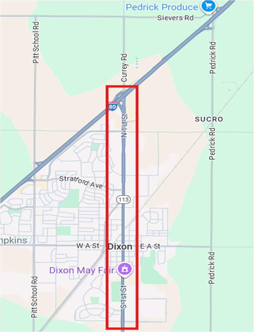 Map of Lane, Ramp Closures on State Route 113 in and near Dixon from Parkway Boulevard to SR-113/Interstate-80 (I-80) Interchange in Solano County.