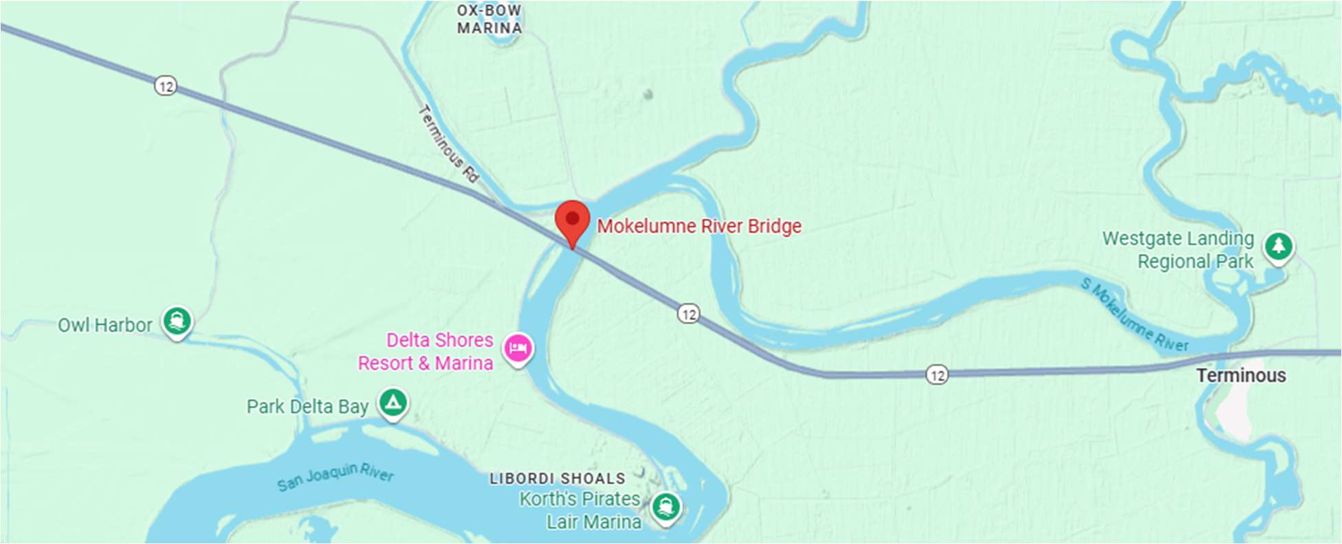 Map location of one-way traffic control on State Route 12 (SR-12) at Mokelumne Bridge in Rural Solano County.