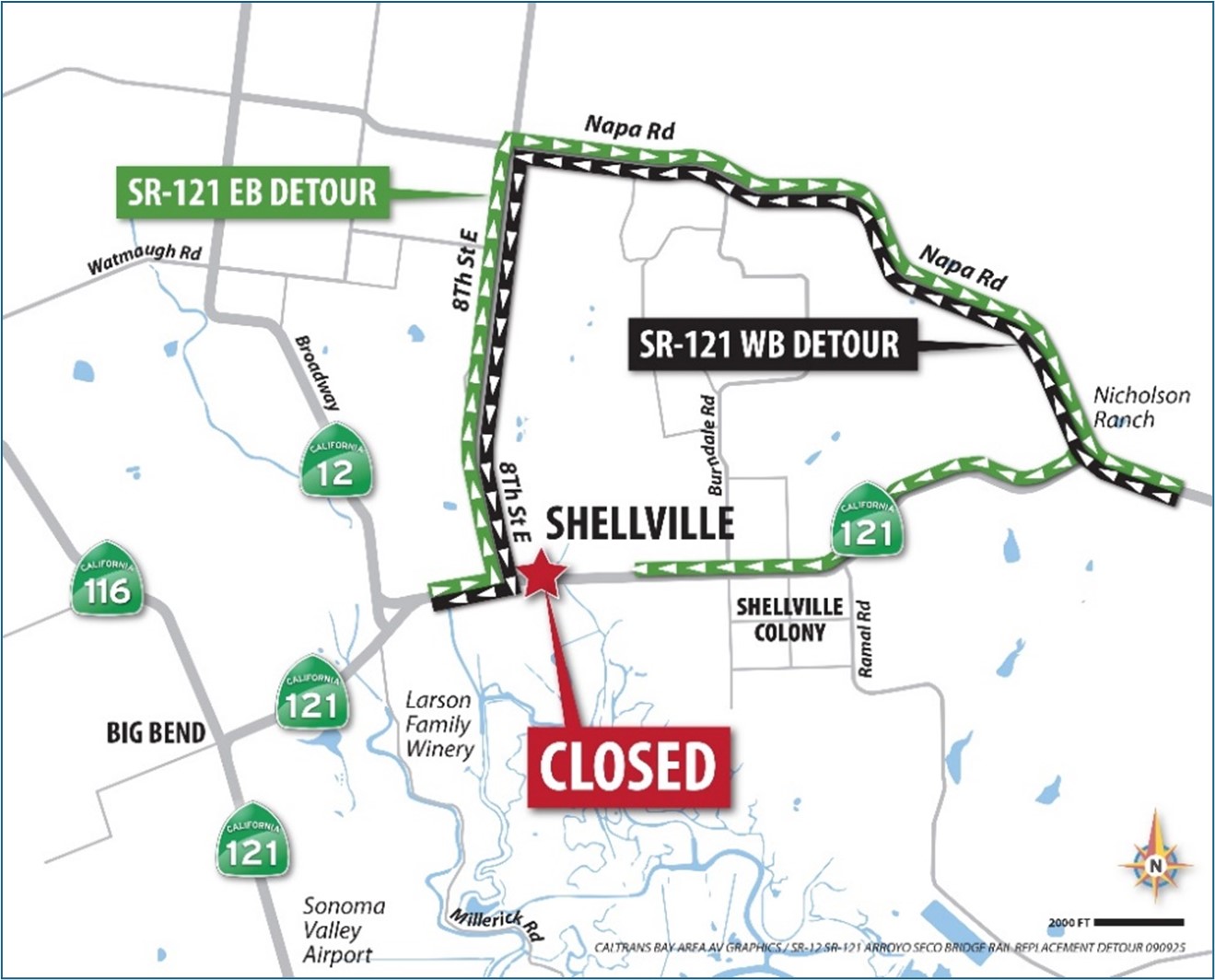 Detour map for Thirty-Day Closure of State Route 12/121 in Schellville, Sonoma County, to Replace Railings on Arroyo Seco Bridge. Westbound traffic will be detoured onto Napa Road to Eighth Street, then back to Route 12/121.  Eastbound traffic would follow this detour route in reverse.