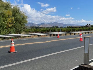 Cones on State Route 29 where traffic shift on Northbound, Southbound State Route 29 (SR-29) for sinkhole, culvert work in between Rutherford, Oakville in Napa County