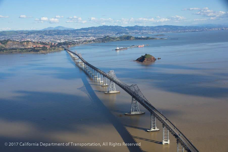 Aerial photograph of the Richmond San Rafael Bridge, looking towards Richmond, CA.