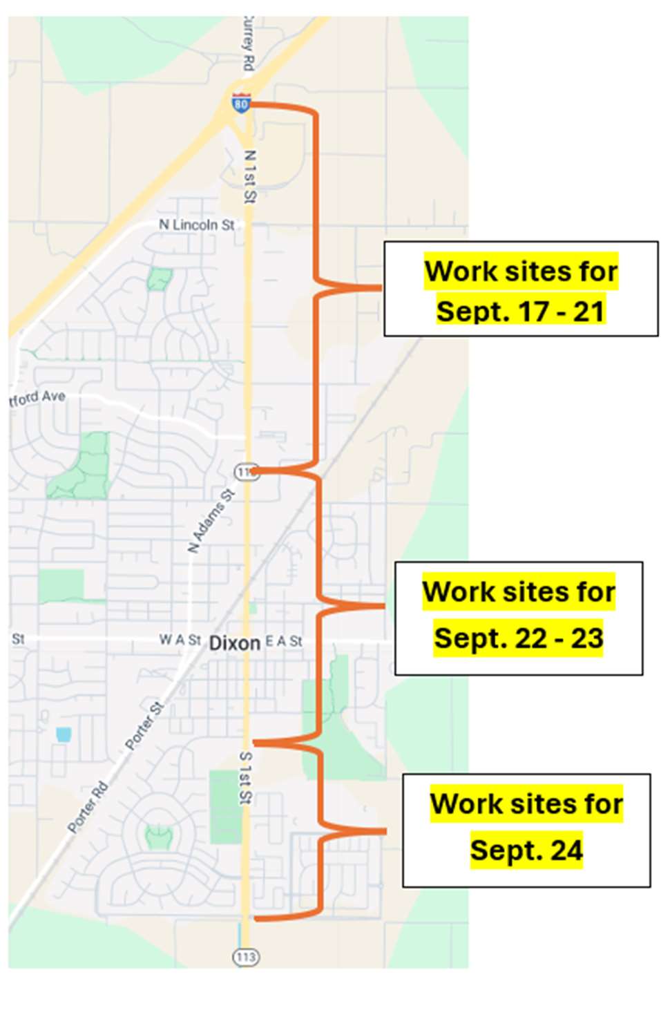 Map of where nighttime lane/ramp closures on State Route 113 in and near Dixon from Parkway Boulevard to SR-113/Interstate-80 (I-80) Interchange, sectioned off by work dates. 