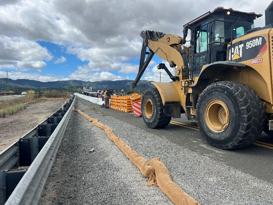 Caltrans and a bulldozer working on State Route 37, part of the Capital Preventive Maintenance project on Westbound and Eastbound State Route 37 (SR-37).
