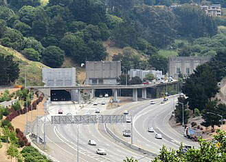 Photograph of the western end of the Caldecott Tunnel on State Route 24.