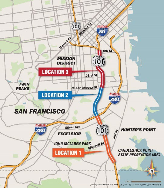 Map of where Caltrans is launching the U.S. 101 (Hospital Curve) Rehabilitation Project, between Candlestick Point Recreation Area and the Mission District in San Francisco.