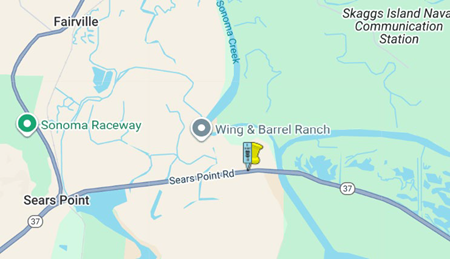 Map showing State Route 37 in Sonoma County where Caltrans has scheduled paving work that will require a lane reduction and one-way traffic control on Westbound State Route 37 (SR-37) between Noble Road and Skaggs Island Road.