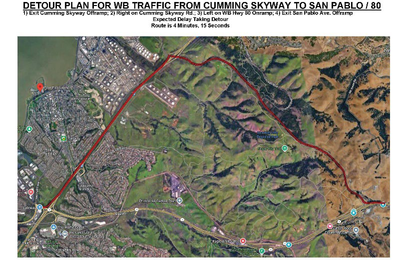 Detour Map for the closure of Westbound SR-4 between Cummings Skyway and San Pablo Avenue. 1. Exit Cummings Skyway Offramp. 2. Turn right onto Cummings Skyway Road. 3. Turn left onto the westbound I-80 Onramp. 4. Exit at the San Pablo Avenue Offramp.