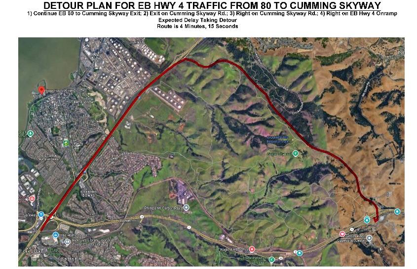 Detour map for Eastbound State Route 4 from Interstate 8- to Cummings Skyway. Continue EB 80 to Cummings Skyway Exit; Exit on Cummings Skyway Rd.; Right on Cummings Skyway Rd.; Right on EB Hwy 4 Onramp