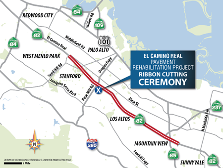Map showing the project area on State Route 82 that extends from 0.7 mile south of State Route 237 in Mountain View to Sand Hill Road in Palo Alto. It also shows the location of the project's ribbon cutting ceremony near Page Mill Road.