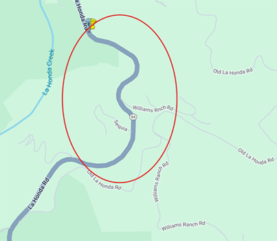 Map showing where Caltrans will be closing a lane and implementing one-way traffic control on SR-84 to remove 13 large eucalyptus trees. Drivers should expect delays of approximately 10-20 minutes in the vicinity of Williams Ranch Road and SR-84.