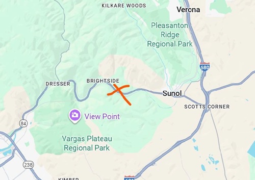 Map showing where Caltrans has implemented full night closures and one-way traffic control on State Route 84 (Niles Canyon) in Unincorporated Sunol at post mile 15.5, near Niles Canyon Railway Brightside Yard.
