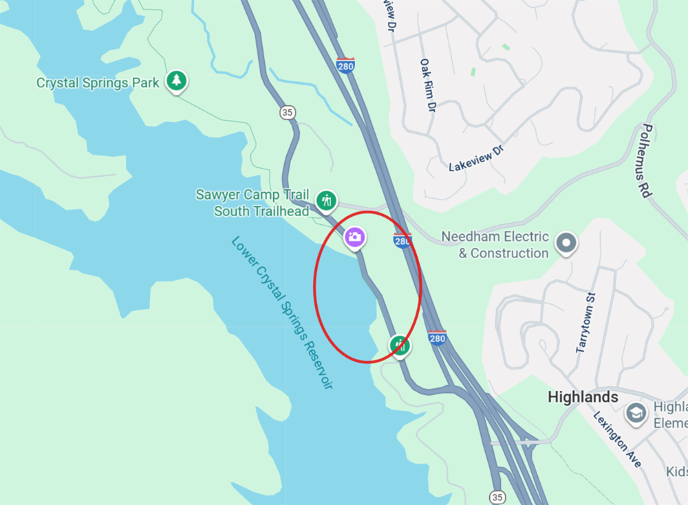 Map showing section of SR-35 (Skyline Blvd) between Crystal Springs Road and Bunker Hill Drive in San Mateo County.
