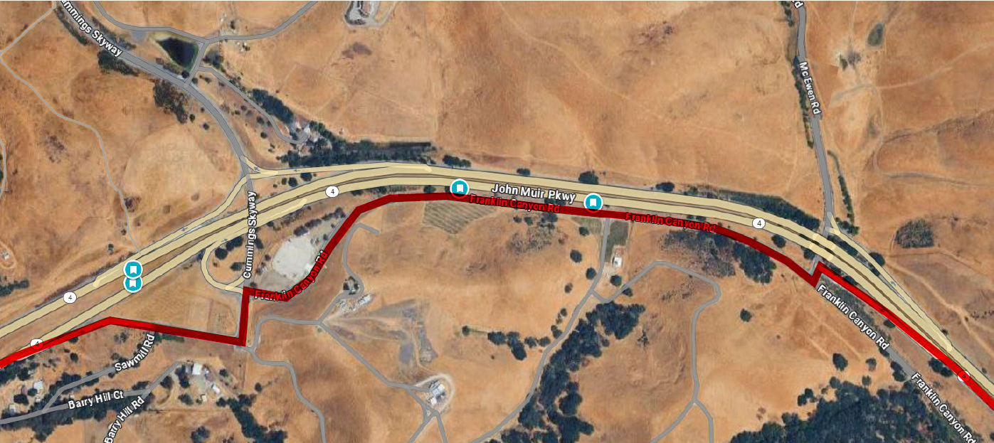 Detour map for closure of eastbound SR-4 between Cummings Skyway and McEwen Road. Motorists should exit State Route 4 using the Cummings Skyway off-ramp before taking a left on Cummings Skyway Rd. Motorists will then take a right on Franklin Canyon Road and a left on McEwen Road before making a right turn onto the eastbound State Route 4 on-ramp.