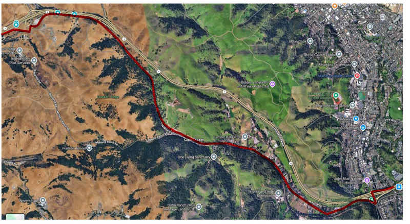 Map highlighting the detour route for the  closure of eastbound State Route 4 between Cummings Skyway and Alhambra Road in Contra Costa County.