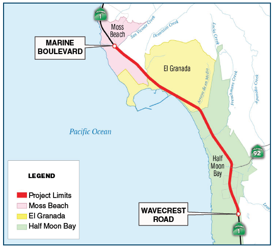 Map showing the project limits on State Route 1 in San Mateo County. The project area extends between Marine Boulevard in Moss Beach and Wavecrest Road in Half Moon Bay.