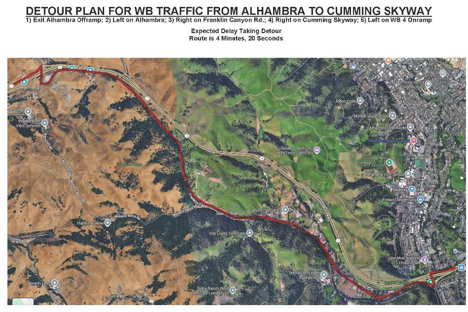 Detour map for Westbound State Route 4 Full Closure from Alhambra to Cummings Skyway. 1. Exit Alhambra Avenue. 2. Turn left on Alhambra Avenue and turn right to Franklin Canyon Road continue on Franklin Canyon Road. 3. Re-enter Westbound SR-4 via the Cummings Skyway on-ramp