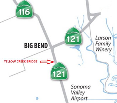Map showing the location of Yellow Creek Bridge on State Route 121 in Sonoma County.