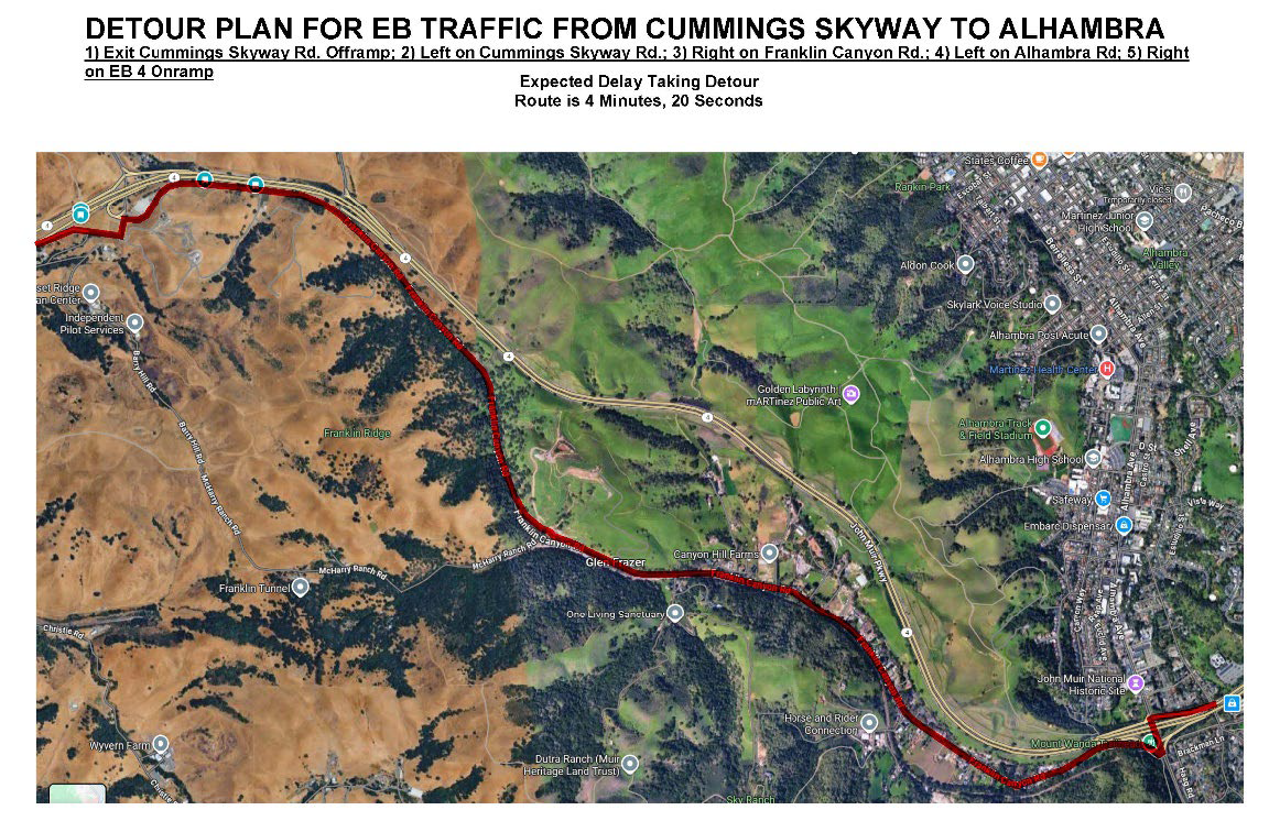 Map highlighting the detour route for the  closure of eastbound State Route 4 between Cummings Skyway and Alhambra Road in Contra Costa County. Exit Cummings Skyway Offramp; Left on Cummings Skyway; Right on Franklin Canyon Rd.; Left on Alhambra Ave.; Right on EB 4 Onramp