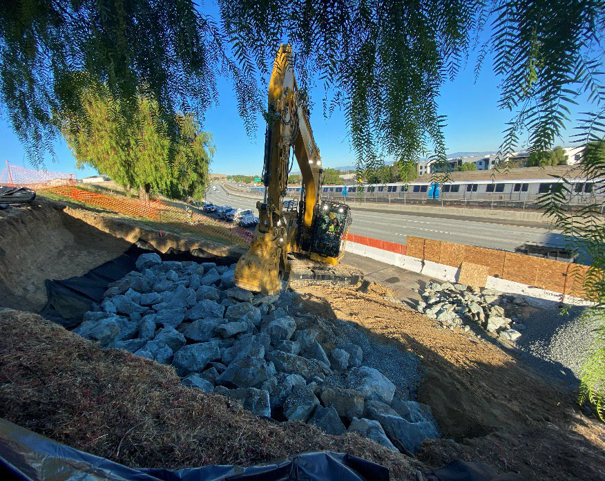 Caltrans crew and equipment working on slope repair project on State Route 4 near the Bailey Road Exit in Pittsburg.