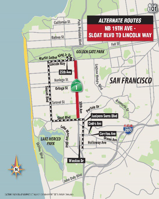 Alternate route map Northbound 19th Ave - Sloat Blvd to Lincoln Way for the 19th Avenue Rehabilitation Project, a major effort to restore and improve one of San Francisco’s busiest corridors.
