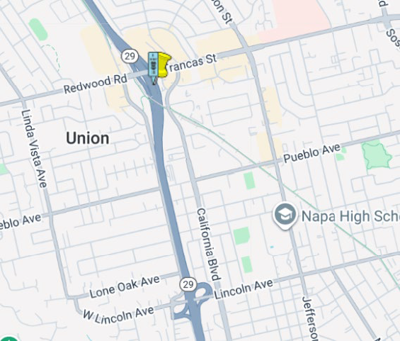 Map of where Nighttime Closures on State Route 29 from Trancas St./Redwood Rd. to First St. for grinding and paving work.