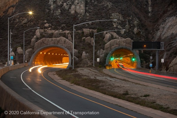 The southern end of  the Tom Lantos Tunnels at night.