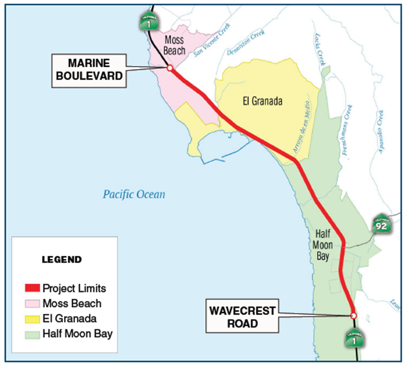 Map showing the project limits on State Route 1 in San Mateo County. The project area extends between Marine Boulevard in Moss Beach and Wavecrest Road in Half Moon Bay.