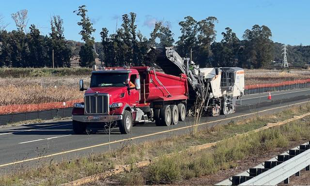 Caltrans paving equipment doing paving work along State Route 37  as part of a capital preventative maintenance project in Marin County.