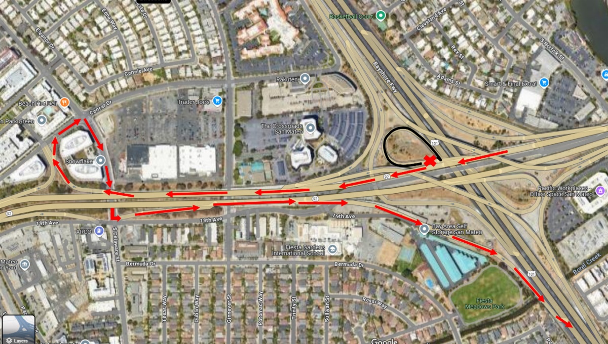 Map showing the detour route during the closure of the connector between westbound State Route 29 and southbound U.S. 101 in San Mateo County. Drivers heading west on SR-92 will take exit 12C, turn right onto Concar Dr, turn right onto Delaware Street, merge onto eastbound SR-92, and take exit 13A for southbound U.S. 101.