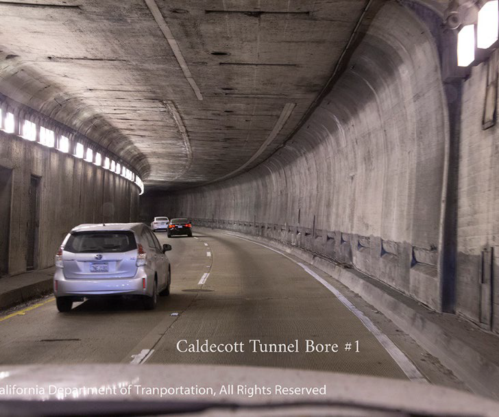 Vehicles travel through Bore #1 of the Caldecott Tunnel between Alameda and Contra Costa counties.