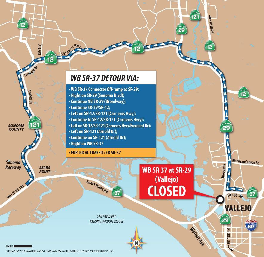 State Route 37 Westbound emergency lane closure detour map. WB SR-37 at SR-29 Closed. WB SR-37 detour via connector off-ramp to SR-29; Right on SR-29 (Sonoma (Blvd); Continue on NB SR-29 (Broadway); Continue SR-29/SR-12; Left on SR-29/SR-121 (Carneros Hwy); Continue on SR-12/SR-121 (Carneros Hwy); Left on SR-12/SR-121 (Carneros Hwy/Fremont Dr); Left on SR-121 (Arnold Dr.); Continue on SR-121 (Arnold Dr,); Right on WB SR-37. Local traffic use EB SR-37. WB 37 follow signs for detour route. 