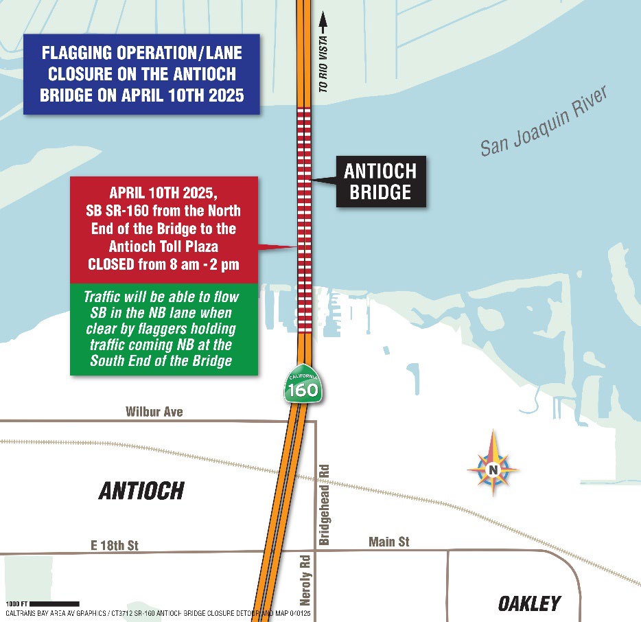 Map location of daytime one way traffic control on Antioch Bridge (SR-160) for maintenance work.