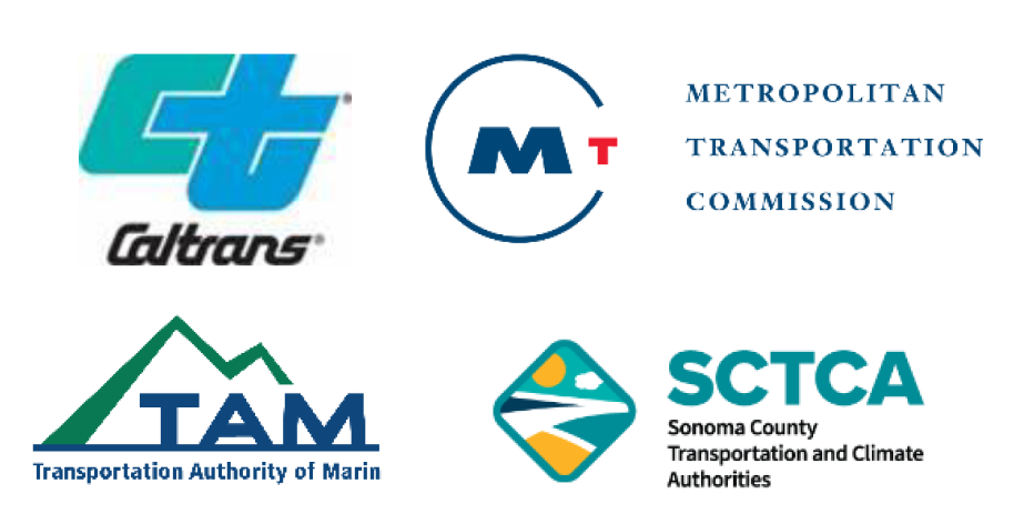Transportation partners Caltrans, the Metropolitan Transportation Commission (MTC), the Transportation Authority of Marin (TAM) and Sonoma County Transportation and Climate Authorities (SCTCA) Logos.