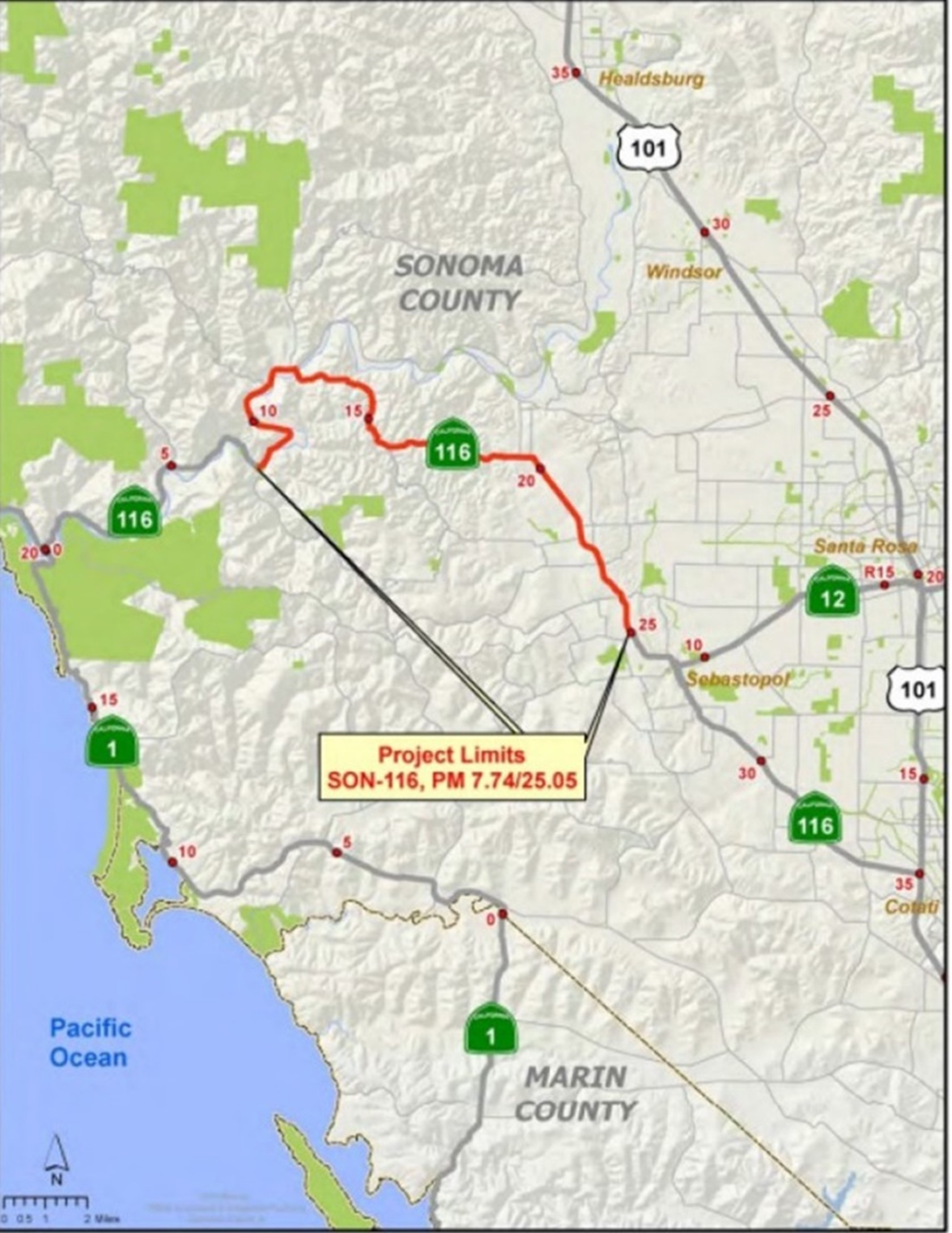 Route 116 Forestville to Sebastopol Paving Project Map.