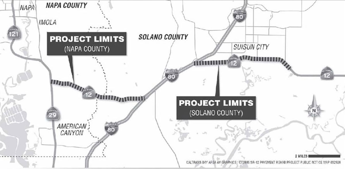 Project location map for the pavement preservation project on State Route 12 in Solano County. The projects limits are on State Route 12, Napa County and State Route 12, Solano County. 