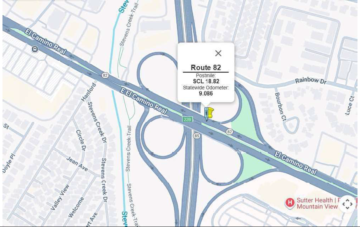 Map location where overnight lane closures for bridge deck panel replacement on SR-82/El Camino Real Mountain View will take place.