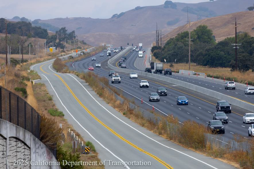 Traffic traveling along US 101 where the last remaining High Occupancy Vehicle (HOV) lane construction project will take place as part of the 16-mile US-101 Marin-Sonoma Narrows (MSN) program