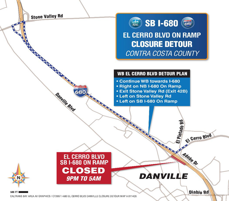 Westbound El Cerro Blvd Detour Plan: Continue WB towards I-680. Right on NB I-680 On Ramp. Exit Stone Valley Road (Exit 42B). Left on Stone Valley Raod. Left on SB I-680 On Ramp.