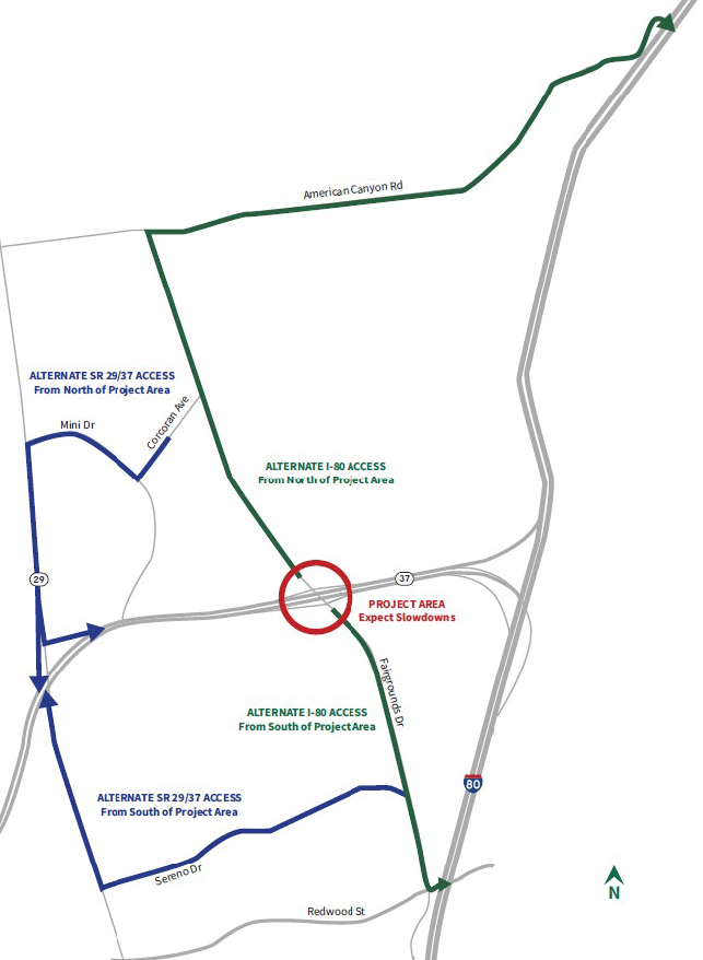 Detour map for State Route 37/SR-37- Fairgrounds Drive Interchange project. Alternate route from sr29/37 from North of projerct access, take Corcoran Ave. to Mini Dr. Take Mini Drive to Hwy 29 to SR 37. From South of project area, take Sereno Dr to Hwy 29 then to Sr 37.