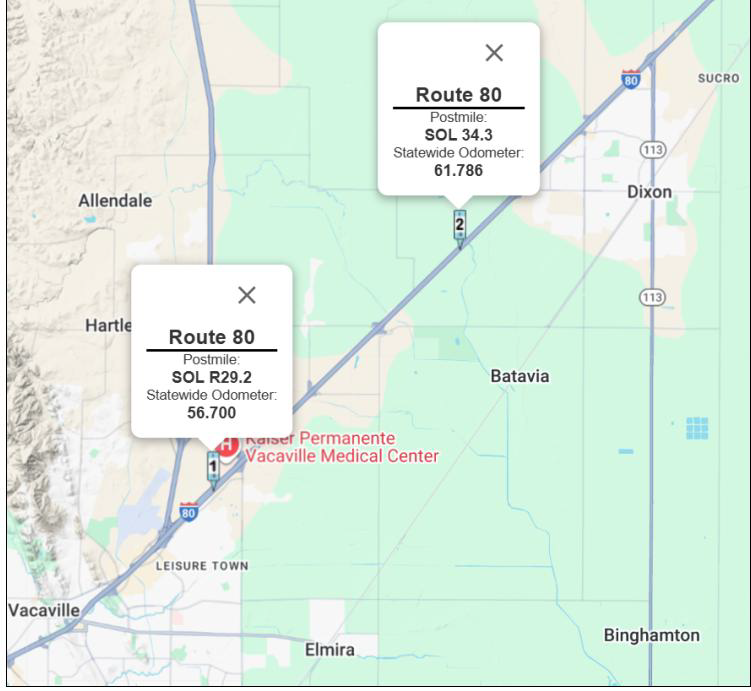 Map location of where nighttime single lane closures on Interstate-80 (I-80) for tree trimming in Solano County in Between Vacaville and Dixon.