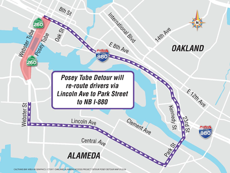 Map of detour and overnight closures of the Posey Tube & Webster Tube on State Route 61. Posey Tube Detour will re-route drivers via Lincoln Ave to Park Street and then onto northbound Interstate 880.