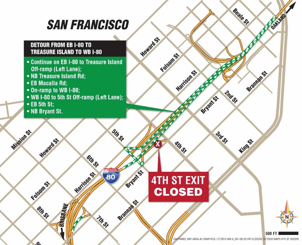 Map showing the detour route for eastbound I-80 to Treasure Island to westbound I-80. Drivers should continue on EB I-80 to Treasure Island Off-ramp (Left Lane); then proceed to NB Treasure Island Rd; take EB Macalla Rd; use the On-ramp to WB I-80; take WB I-80 to 5th St Off-ramp (Left Lane); then take EB 5th St; turn onto NB Bryant St.
