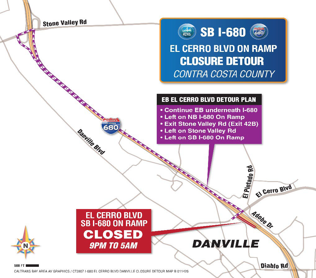 Detour map for full closure on I-680 from Eastbound El Cerro Blvd. on ramp. From Eastbound El Cerro Blvd. Continue EB underneath I-680, left on NB I-680 on ramp, exit Stone Valley Rd (Exit 42B), left on Stone Valley Rd. then left ton SB I-680 On ramp. 