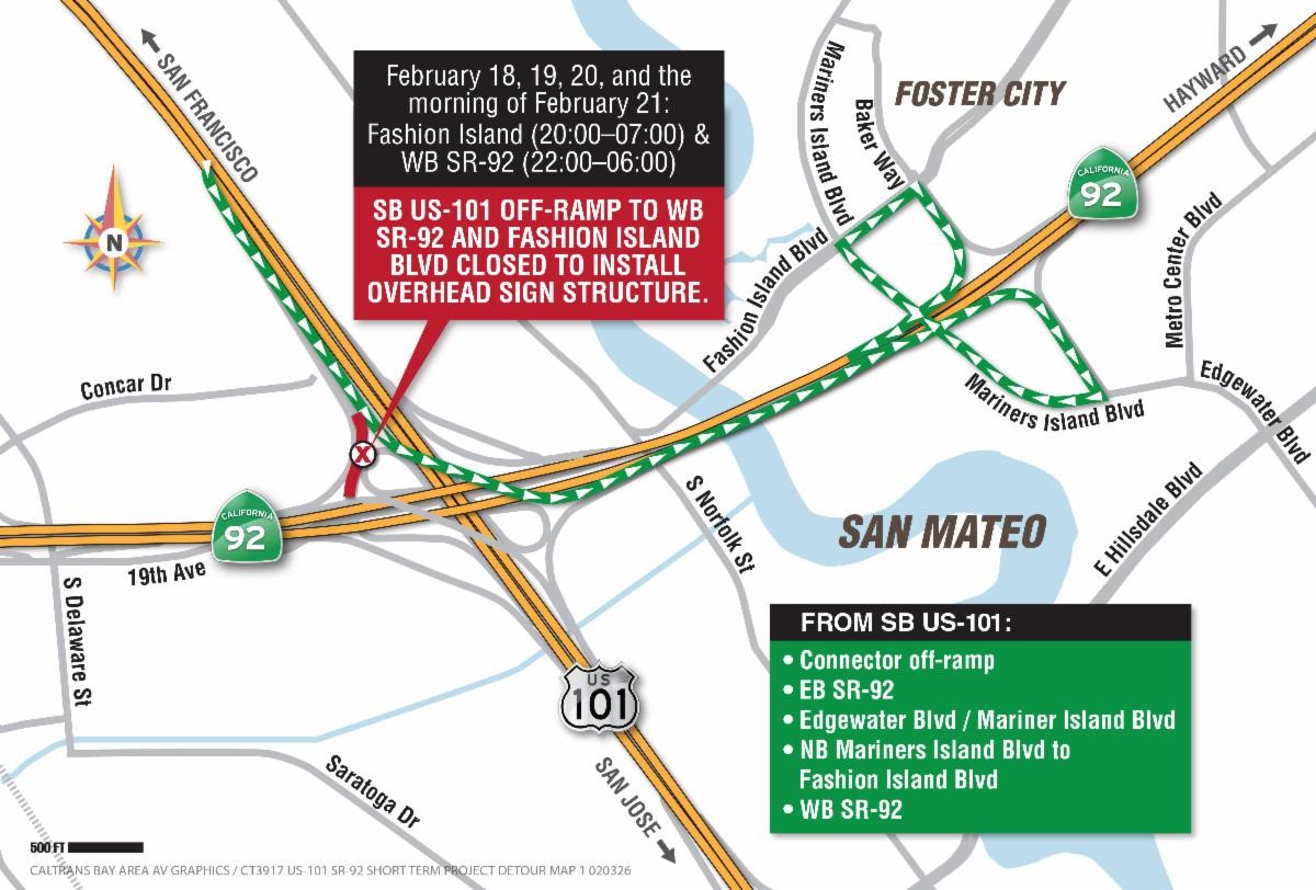 Detour map for the ramp closure between southbound U.S. 101 and westbound SR-92. Motorists should take the eastbound SR-92 off-ramp, take the Mariner's Island Blvd exit and turn right, turn left onto Fashion Island Blvd, and turn right to merge onto westbound SR-92.