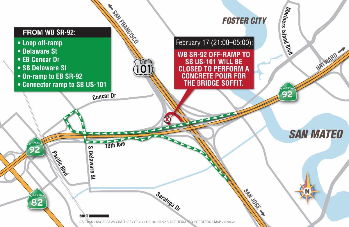 Detour map for closure of ramp from westbound SR-92 to southbound U.S. 101. Motorists should take the loop off-ramp to Delaware St, turn right on Concar, turn right onto South Delaware, merge onto eastbound SR-92 and access the off-ramp to southbound U.S. 101.