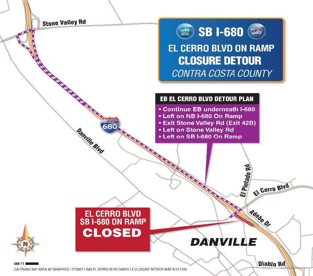 Detour map for full closure on I-680 from Eastbound El Cerro Blvd. on ramp. From Eastbound El Cerro Blvd. Continue EB underneath I-680, left on NB I-680 on ramp, exit Stone Valley Rd (Exit 42B), left on Stone Valley Rd. then left ton SB I-680 On ramp. 